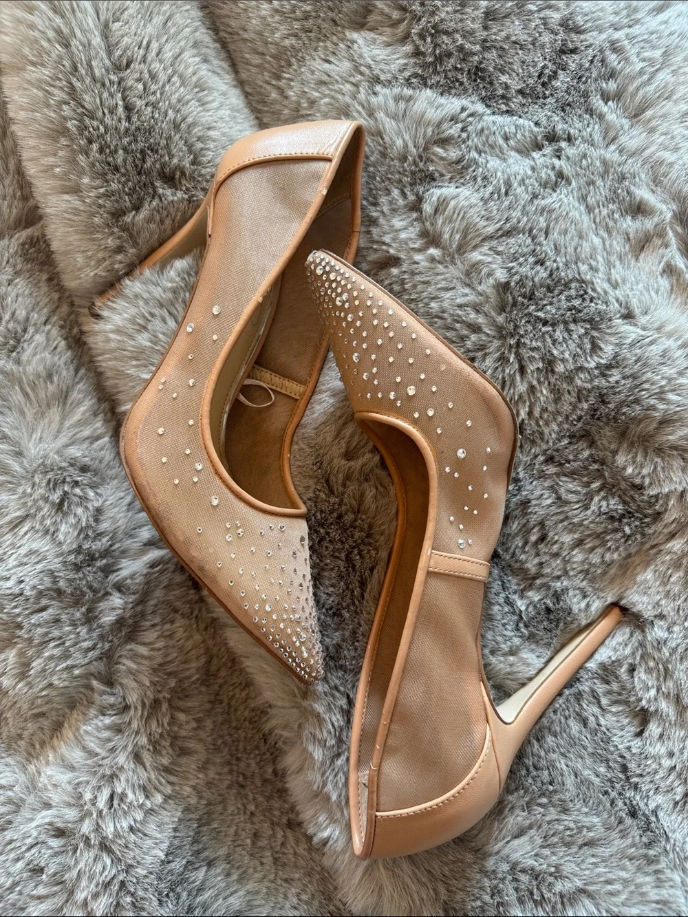 Jessica Simpson Beige Crystal-Studded Pointed Toe Pumps. Nude Mesh